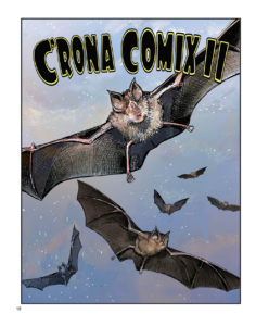Color illustration of several bats flying through the dusk with the title "C'RONA COMIX II" at the top of the page in block lettering.