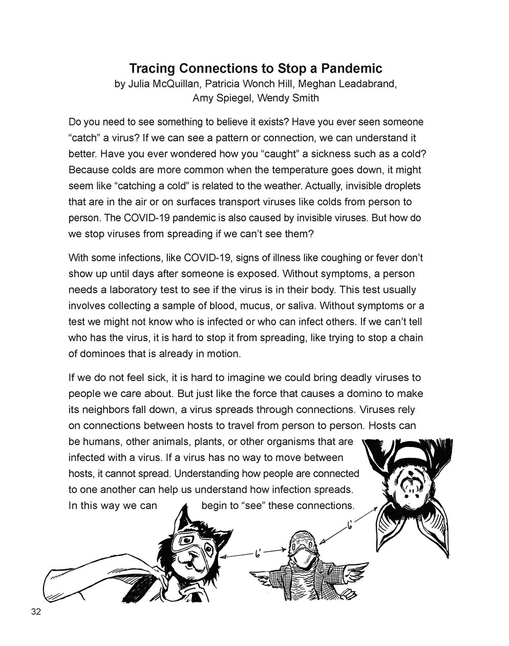 Black-and-white text of the essay "Tracing Connections to Stop a Pandemic." Black-and-white drawings of Cat, Professor Grey, and Bat decorate the bottom of the page.