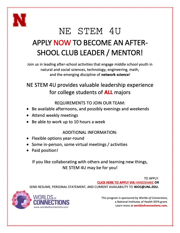 Hiring flyer that includes the same information as the NE STEM 4U: Lincoln webpage.