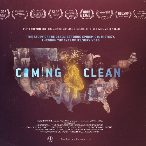 Movie poster for the film Coming Clean features a map of the united states. There are images of people superimposed over the map and a golden heart in the center.