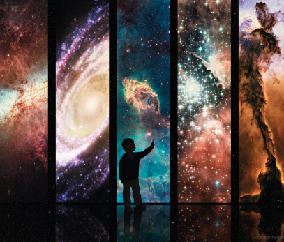 Silhouette of a child pointing in front of five panels depicting different, colorful nebulae